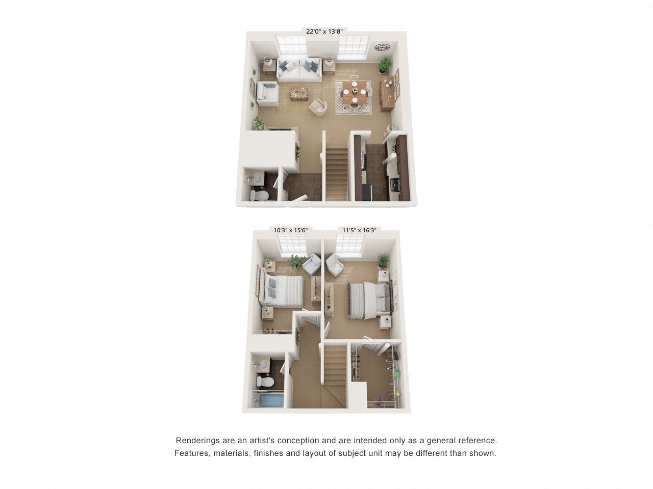 Floor plan for 2 beds, 1.5 baths, 1150 sqft